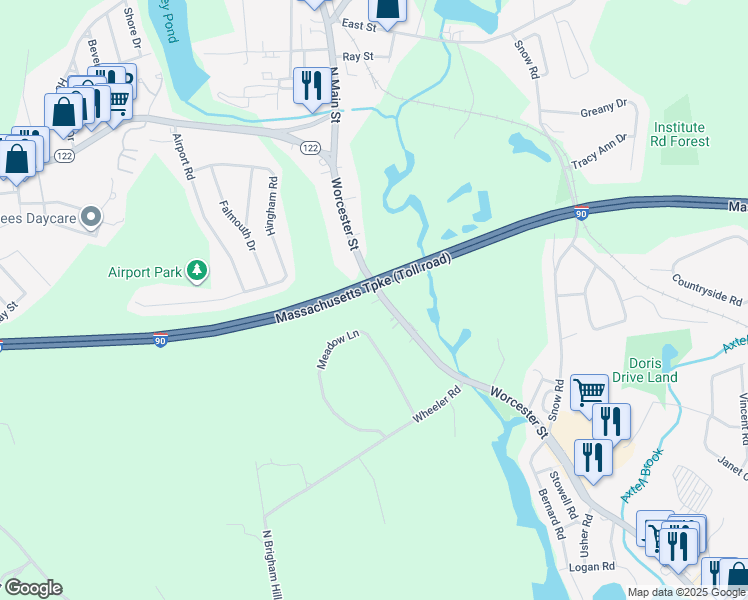 map of restaurants, bars, coffee shops, grocery stores, and more near 137 Worcester Street in Grafton