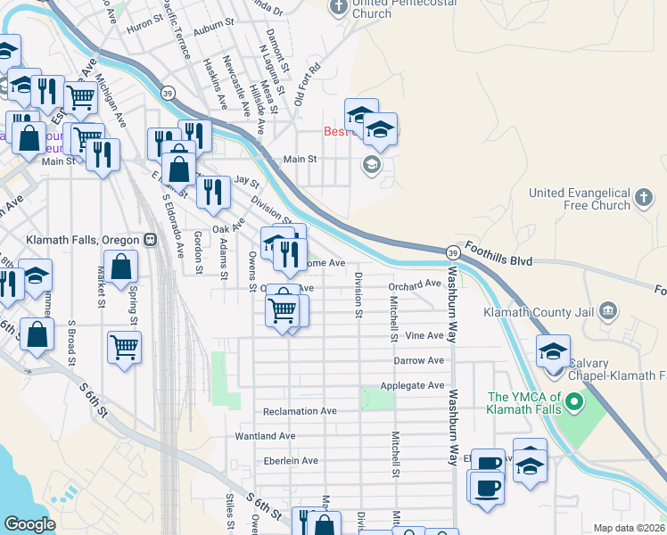 map of restaurants, bars, coffee shops, grocery stores, and more near 495 Division Street in Klamath Falls