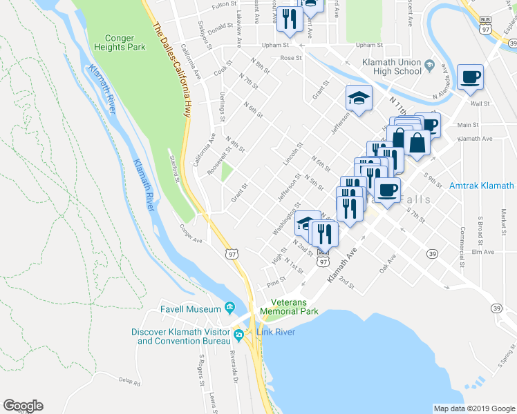 map of restaurants, bars, coffee shops, grocery stores, and more near 223 Lincoln Street in Klamath Falls