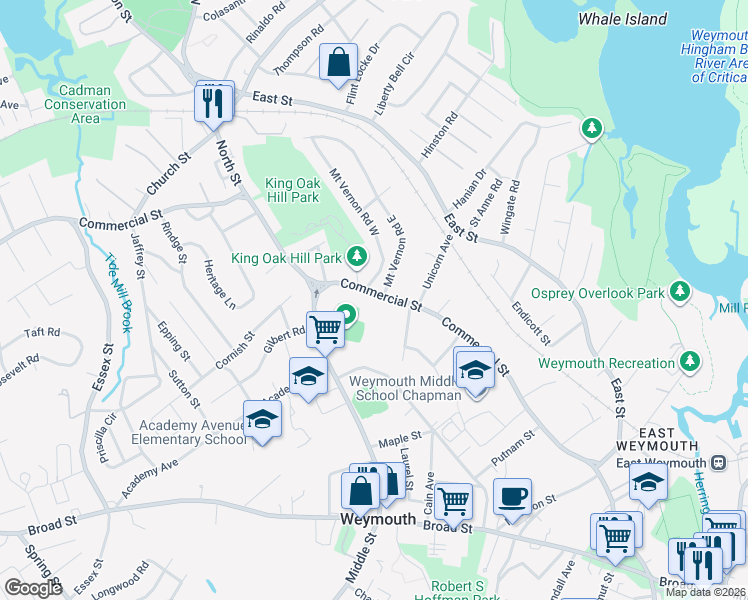 map of restaurants, bars, coffee shops, grocery stores, and more near 7 Mount Vernon Road East in Weymouth