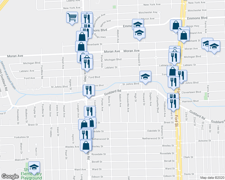 map of restaurants, bars, coffee shops, grocery stores, and more near 1706 Goddard Road in Lincoln Park