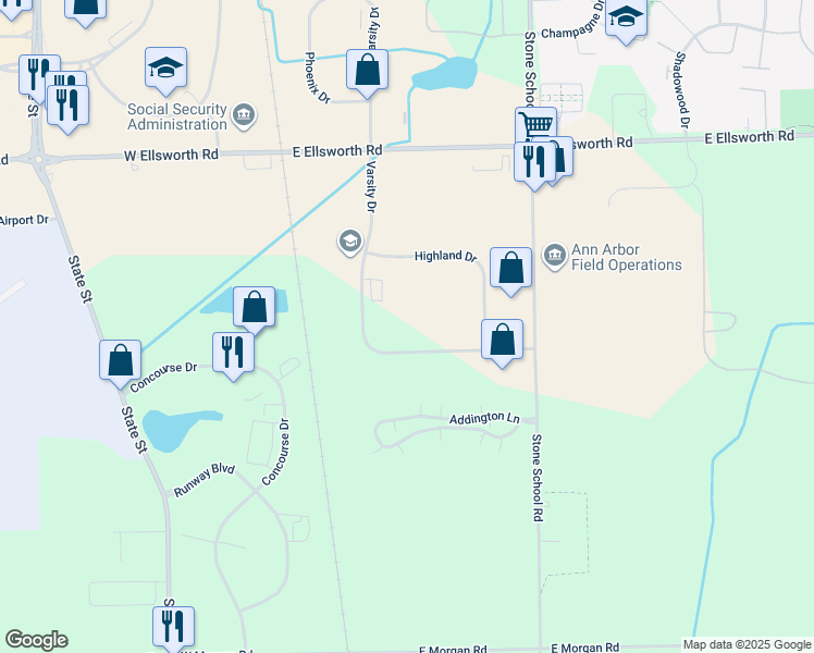 map of restaurants, bars, coffee shops, grocery stores, and more near 4355e Varsity Drive in Ann Arbor