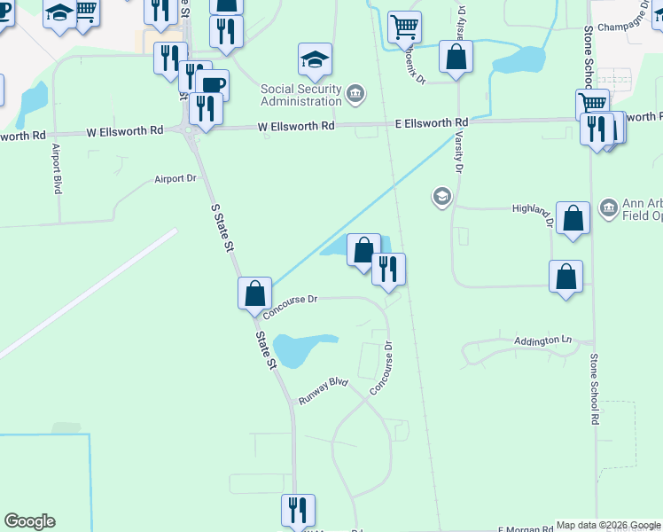 map of restaurants, bars, coffee shops, grocery stores, and more near 4343 Concourse Drive in Ann Arbor