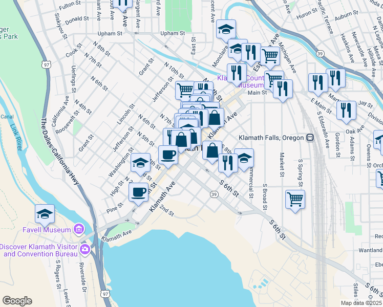 map of restaurants, bars, coffee shops, grocery stores, and more near in Klamath Falls