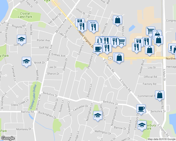 map of restaurants, bars, coffee shops, grocery stores, and more near 585 Devonshire Lane in Crystal Lake