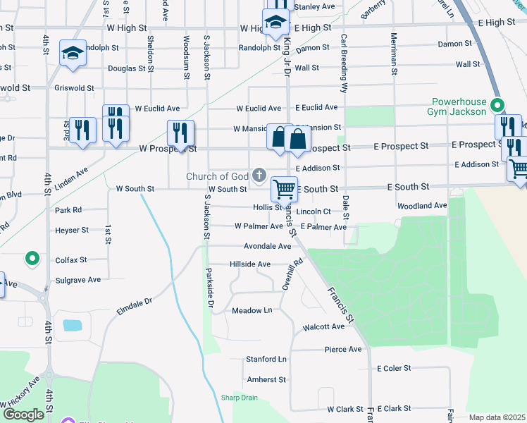 map of restaurants, bars, coffee shops, grocery stores, and more near 118 Hollis Street in Jackson