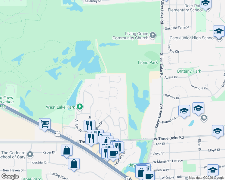map of restaurants, bars, coffee shops, grocery stores, and more near 1104 Oak Valley Drive in Cary
