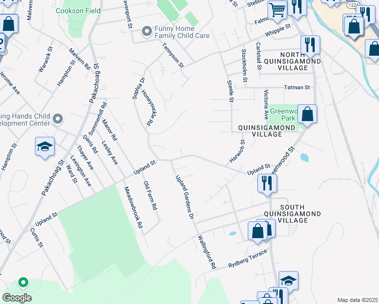 map of restaurants, bars, coffee shops, grocery stores, and more near 70 Upland Street in Worcester