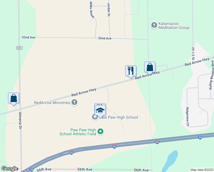 map of restaurants, bars, coffee shops, grocery stores, and more near 30609 East Red Arrow Highway in Paw Paw
