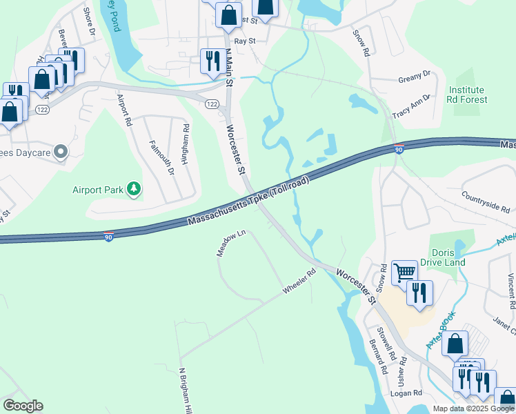 map of restaurants, bars, coffee shops, grocery stores, and more near 137 Worcester Street in Grafton