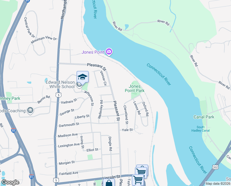 map of restaurants, bars, coffee shops, grocery stores, and more near 76 Pleasant Street in Holyoke