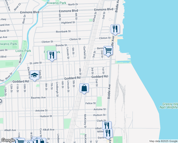 map of restaurants, bars, coffee shops, grocery stores, and more near 317 Perry Place in Wyandotte