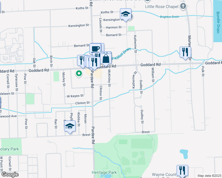 map of restaurants, bars, coffee shops, grocery stores, and more near 11215 McKinley Street in Taylor