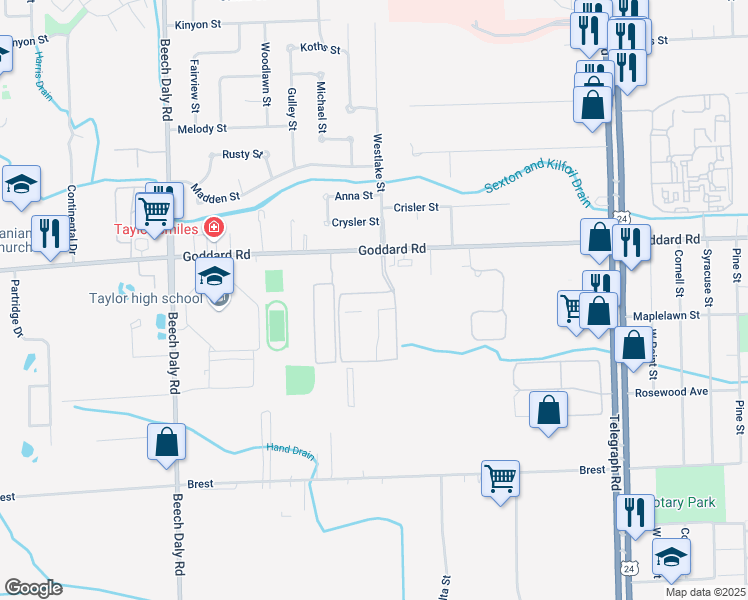 map of restaurants, bars, coffee shops, grocery stores, and more near 11250 Brydan Street in Taylor