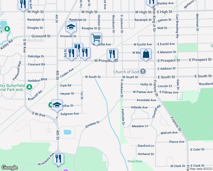 map of restaurants, bars, coffee shops, grocery stores, and more near 2015 Goodrich Street in Jackson