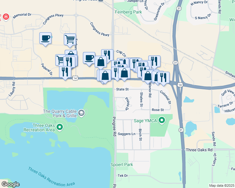 map of restaurants, bars, coffee shops, grocery stores, and more near 5013 State Street in Crystal Lake