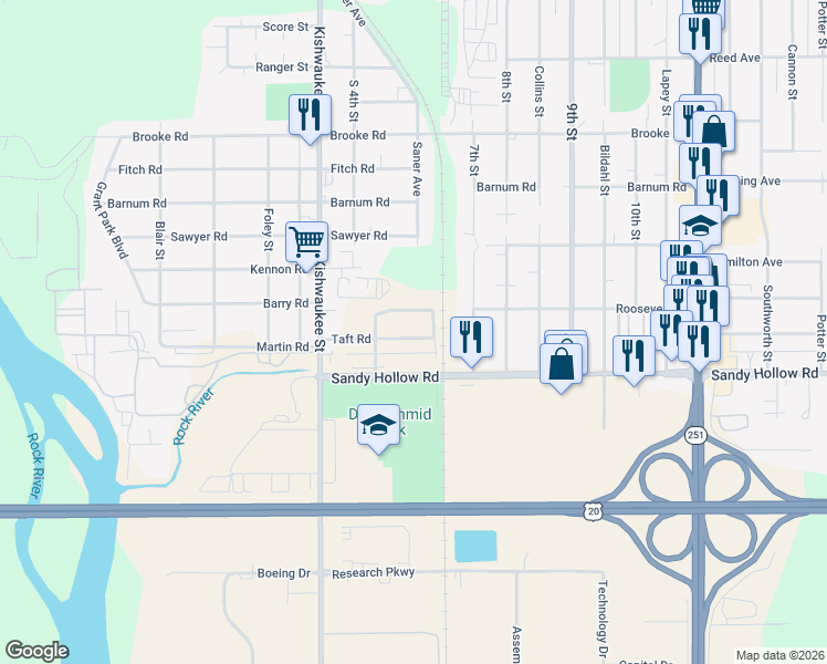 map of restaurants, bars, coffee shops, grocery stores, and more near 829 Roosevelt Road in Rockford