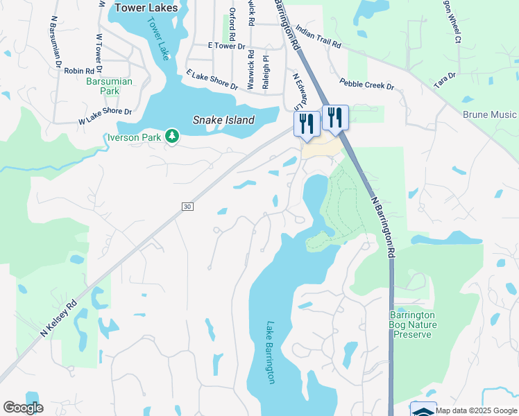 map of restaurants, bars, coffee shops, grocery stores, and more near 24856 Shoreline Road in Lake Barrington
