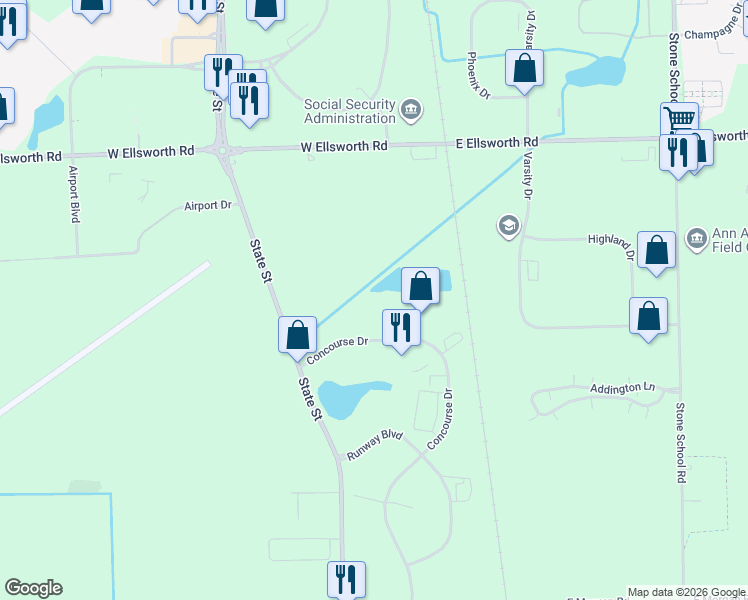 map of restaurants, bars, coffee shops, grocery stores, and more near 4343 Concourse Drive in Ann Arbor