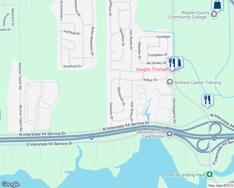 map of restaurants, bars, coffee shops, grocery stores, and more near 10800 Buchanan Street in Belleville