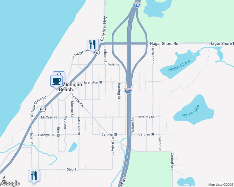 map of restaurants, bars, coffee shops, grocery stores, and more near 6246 Harding Street in Coloma