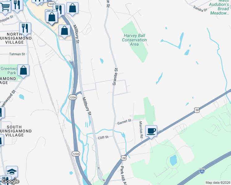 map of restaurants, bars, coffee shops, grocery stores, and more near 400 Granite Street in Worcester