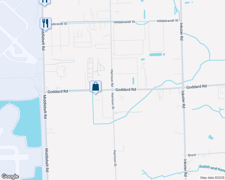 map of restaurants, bars, coffee shops, grocery stores, and more near 10999 Harrison Road in Romulus