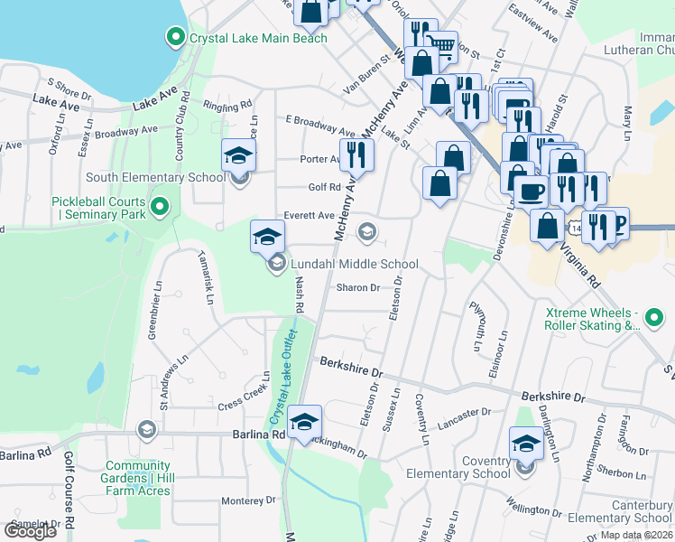 map of restaurants, bars, coffee shops, grocery stores, and more near 569 McHenry Avenue in Crystal Lake