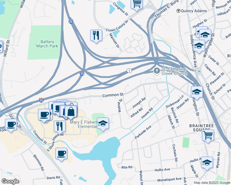 map of restaurants, bars, coffee shops, grocery stores, and more near 255 Common Street in Braintree