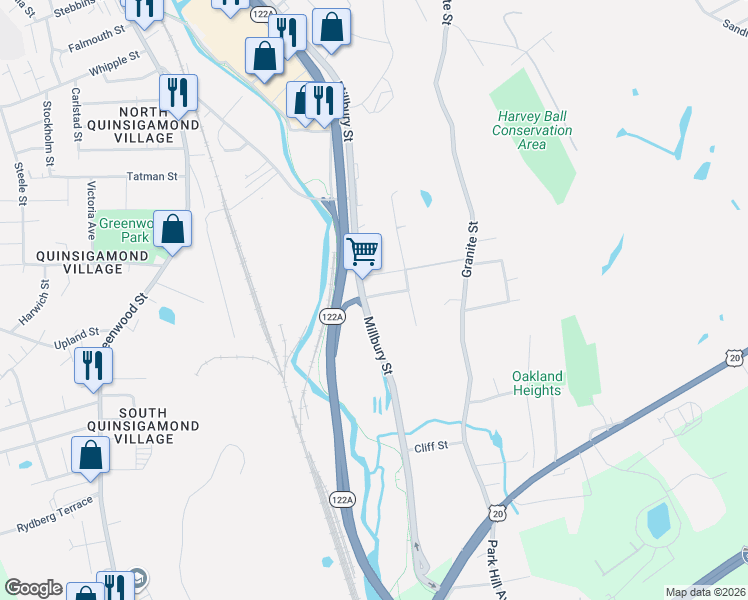 map of restaurants, bars, coffee shops, grocery stores, and more near 1117 Millbury Street in Worcester