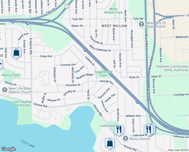 map of restaurants, bars, coffee shops, grocery stores, and more near 1524 Andrea Street in Ypsilanti