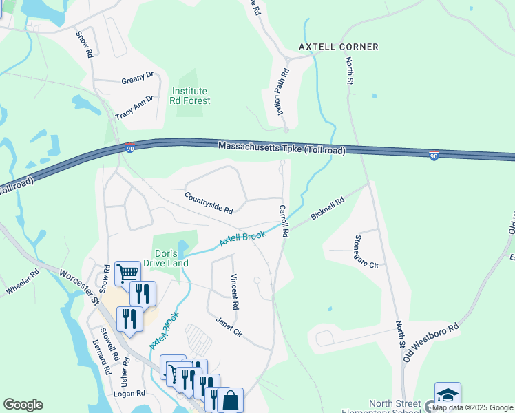 map of restaurants, bars, coffee shops, grocery stores, and more near 3 Countryside Road in Grafton