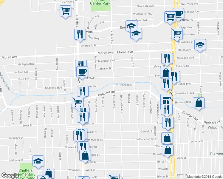 map of restaurants, bars, coffee shops, grocery stores, and more near 1706 Goddard Road in Lincoln Park