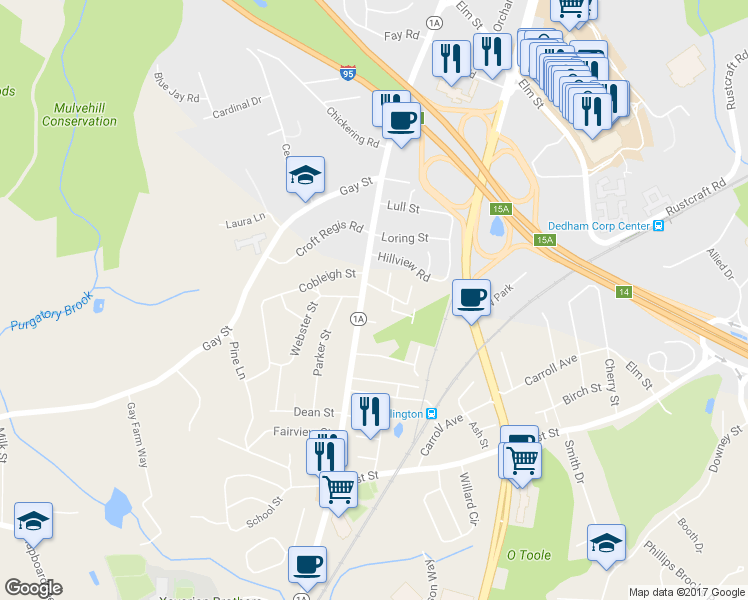 map of restaurants, bars, coffee shops, grocery stores, and more near 118 Washington Street in Westwood