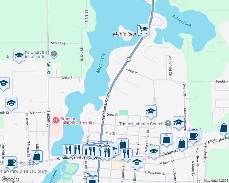 map of restaurants, bars, coffee shops, grocery stores, and more near 211 Maple Street in Paw Paw