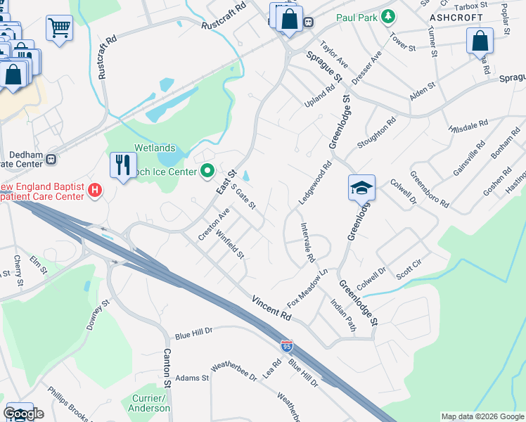 map of restaurants, bars, coffee shops, grocery stores, and more near 52 South Gate Street in Dedham