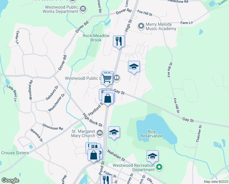 map of restaurants, bars, coffee shops, grocery stores, and more near 26 Gay Street in Westwood