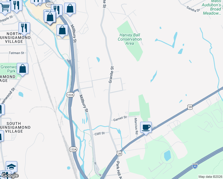 map of restaurants, bars, coffee shops, grocery stores, and more near 400 Granite Street in Worcester