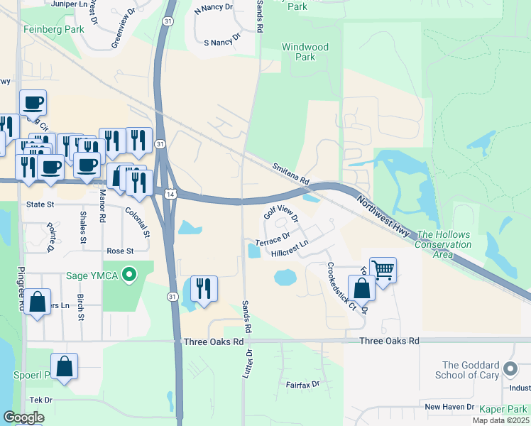 map of restaurants, bars, coffee shops, grocery stores, and more near 4220 Northwest Highway in Crystal Lake