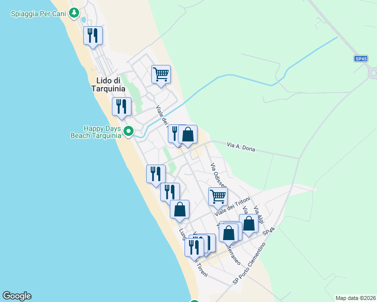 map of restaurants, bars, coffee shops, grocery stores, and more near 3 Via A. Doria in Lido di Tarquinia