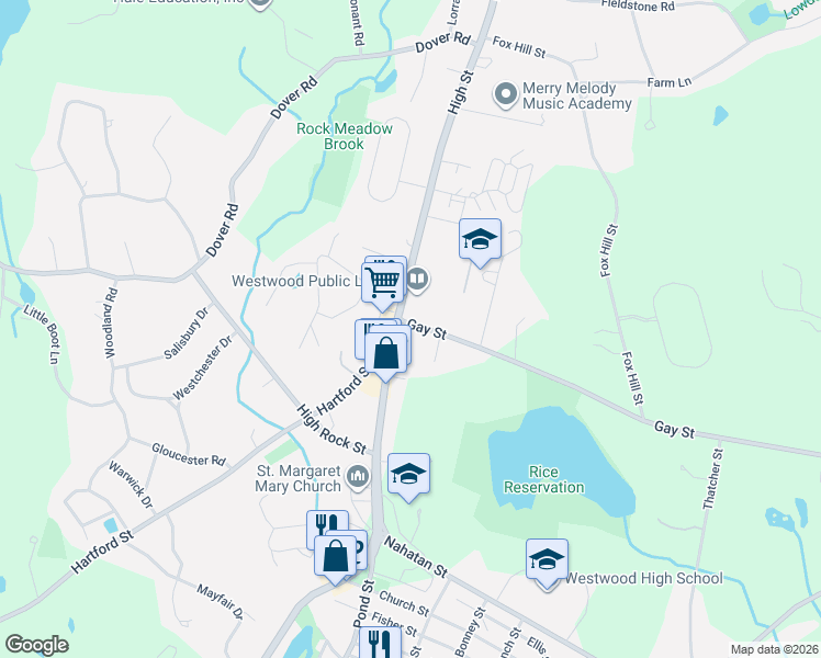 map of restaurants, bars, coffee shops, grocery stores, and more near 26 Gay Street in Westwood