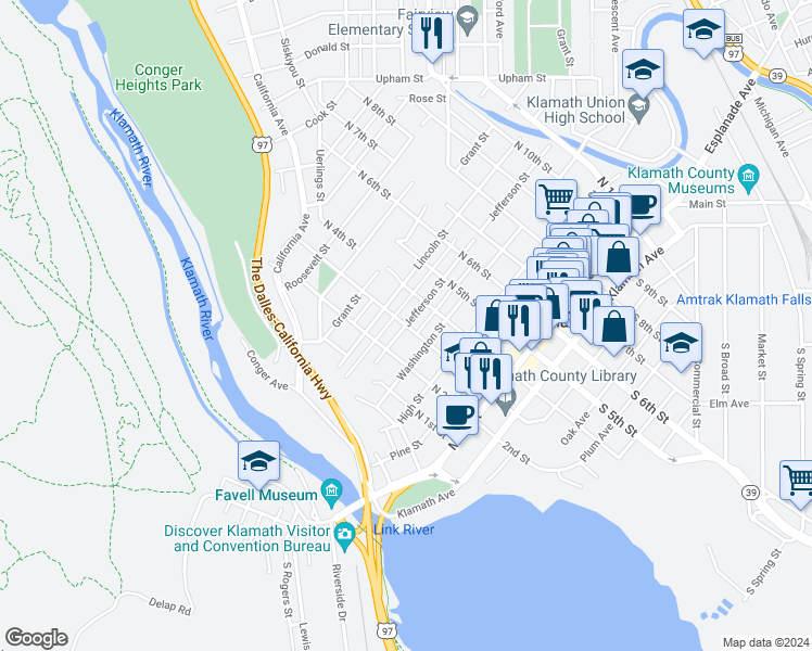 map of restaurants, bars, coffee shops, grocery stores, and more near Jefferson St & N 3rd St in Klamath Falls