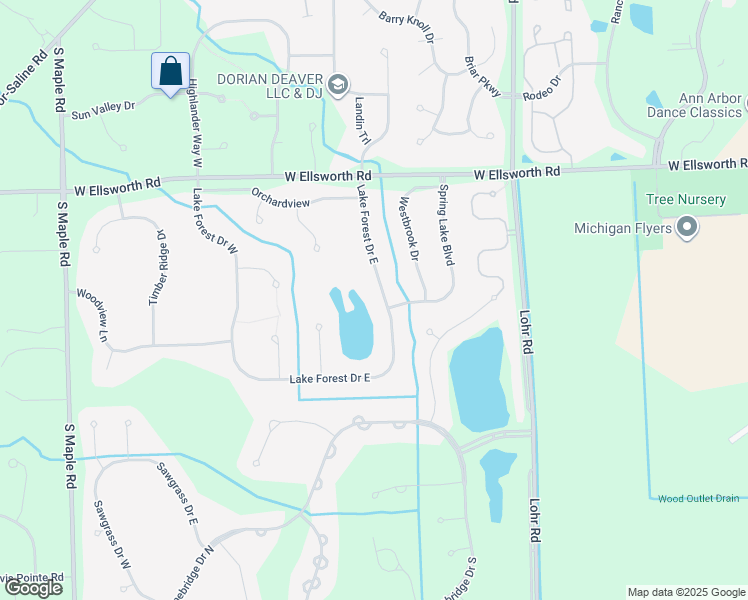 map of restaurants, bars, coffee shops, grocery stores, and more near 4232 Lake Forest Drive West in Ann Arbor