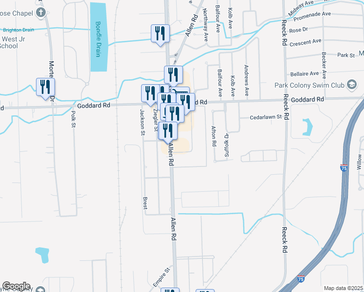 map of restaurants, bars, coffee shops, grocery stores, and more near 11275 Allen Rd in Southgate