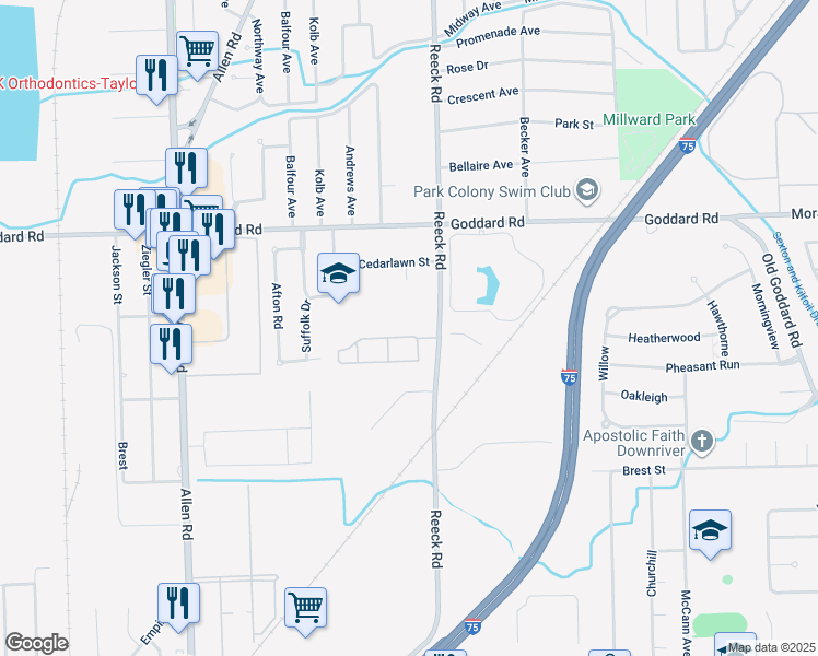 map of restaurants, bars, coffee shops, grocery stores, and more near 11350 Reeck Road in Southgate