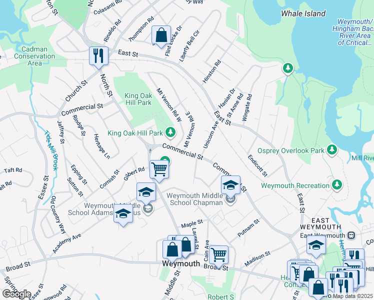 map of restaurants, bars, coffee shops, grocery stores, and more near 7 Mount Vernon Road East in Weymouth