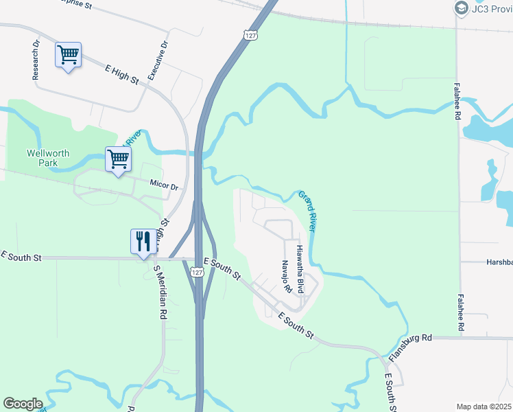 map of restaurants, bars, coffee shops, grocery stores, and more near 1365 East Hiawatha Street in Jackson