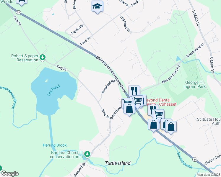map of restaurants, bars, coffee shops, grocery stores, and more near 20 Schofield Road in Cohasset