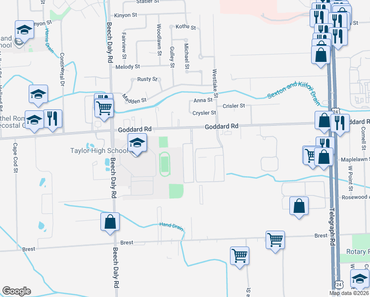 map of restaurants, bars, coffee shops, grocery stores, and more near 11226 Goddard Court in Taylor