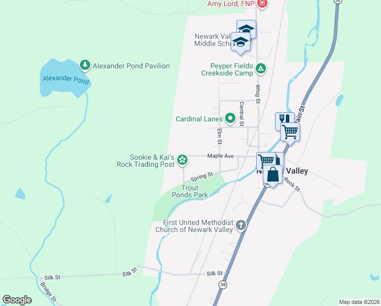 map of restaurants, bars, coffee shops, grocery stores, and more near 58 Maple Avenue in Newark Valley